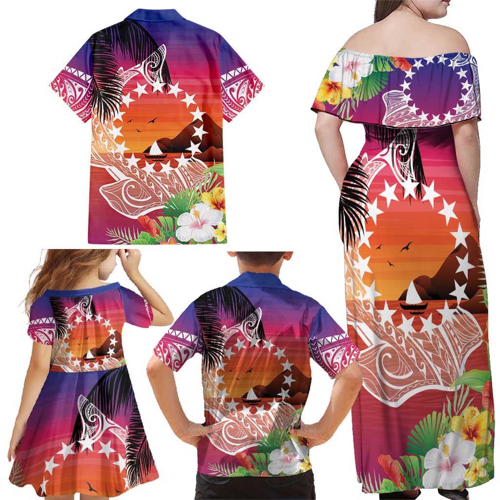 Kia Orana Cook Islands Family Matching Off Shoulder Maxi Dress and Hawaiian Shirt Sunset Dream