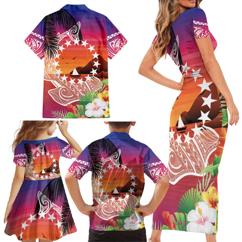 Kia Orana Cook Islands Family Matching Short Sleeve Bodycon Dress and Hawaiian Shirt Sunset Dream