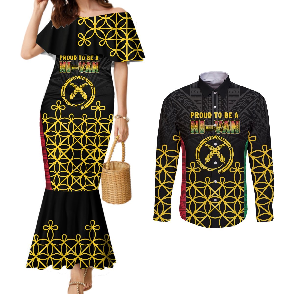 Vanuatu Indipendens Dei Couples Matching Mermaid Dress and Long Sleeve Button Shirt Tribal Sand Drawing LT7 Colorful - Polynesian Pride