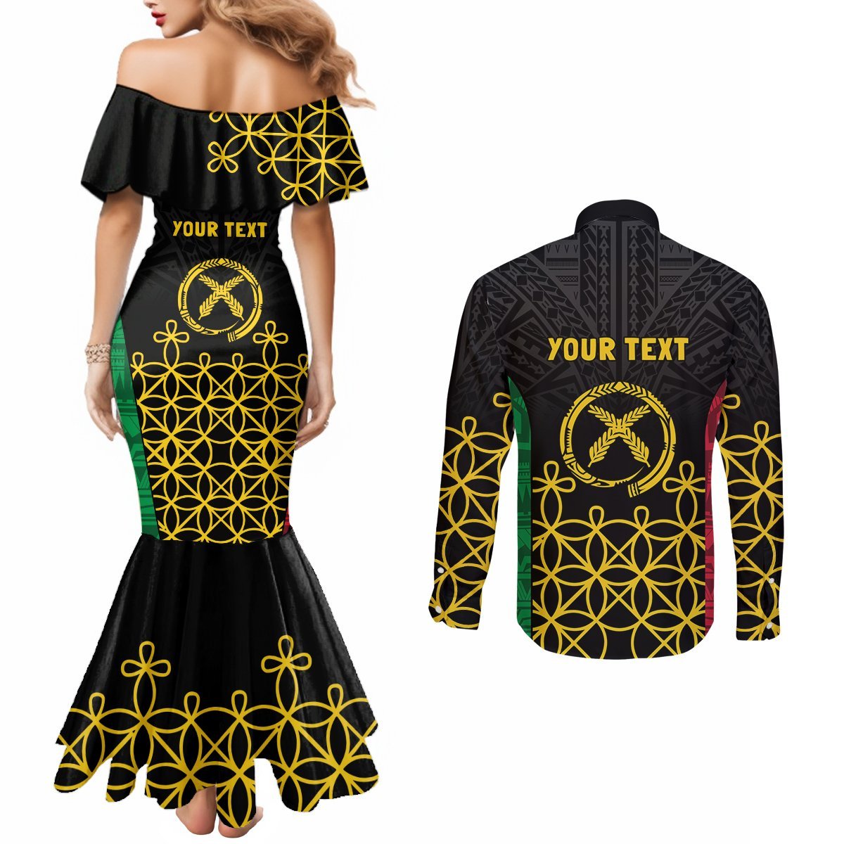 Vanuatu Indipendens Dei Couples Matching Mermaid Dress and Long Sleeve Button Shirt Tribal Sand Drawing LT7 - Polynesian Pride