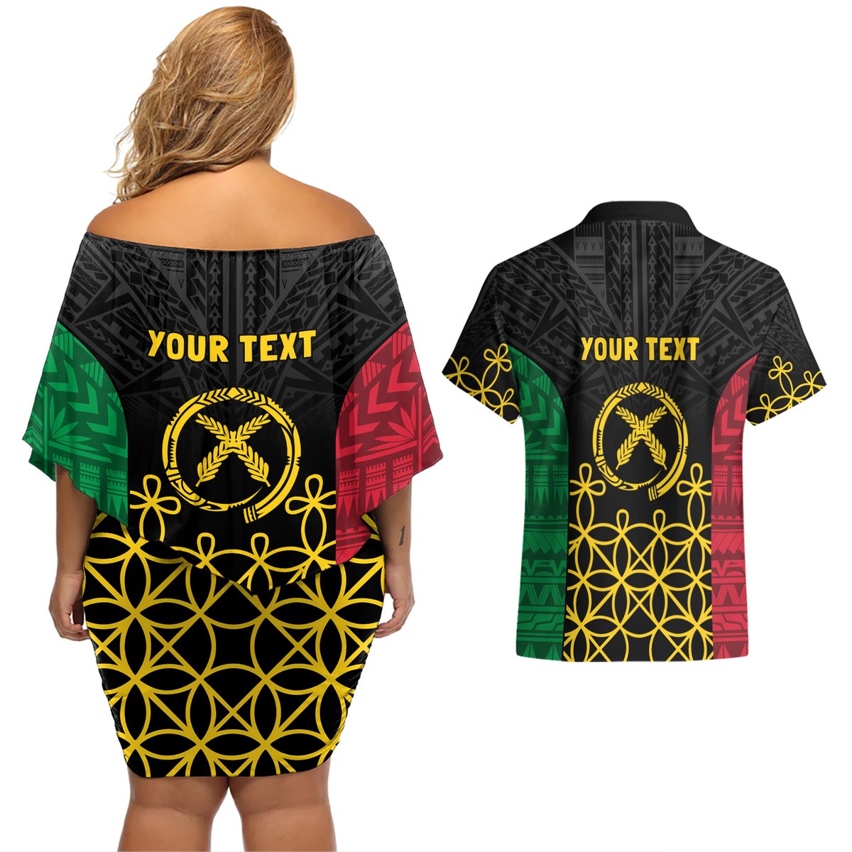 Vanuatu Indipendens Dei Couples Matching Off Shoulder Short Dress and Hawaiian Shirt Tribal Sand Drawing