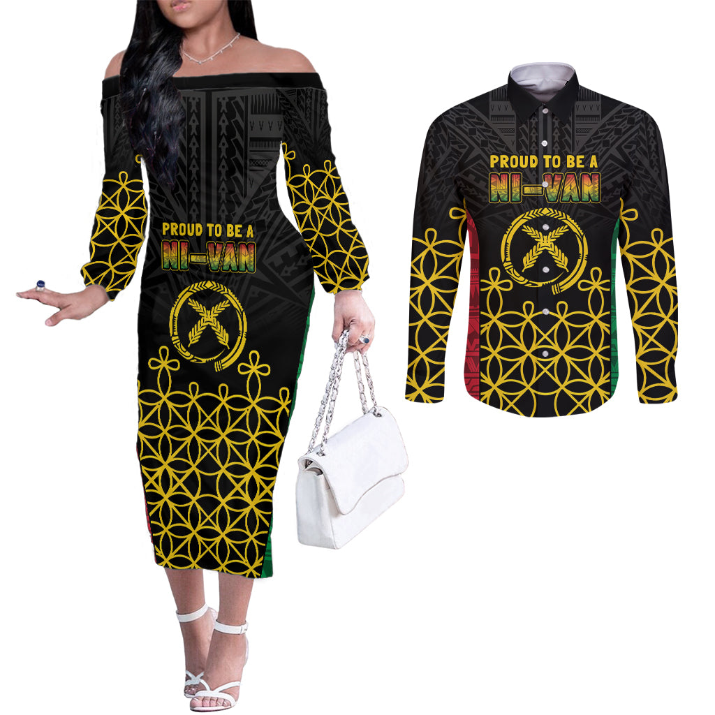 Vanuatu Indipendens Dei Couples Matching Off The Shoulder Long Sleeve Dress and Long Sleeve Button Shirt Tribal Sand Drawing