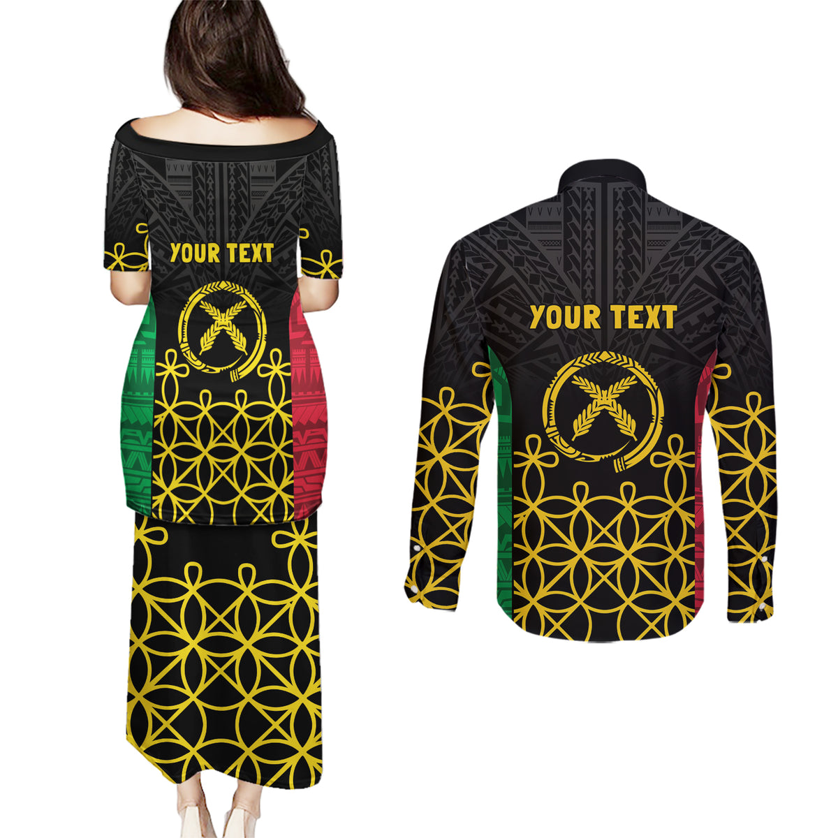 Vanuatu Indipendens Dei Couples Matching Puletasi and Long Sleeve Button Shirt Tribal Sand Drawing