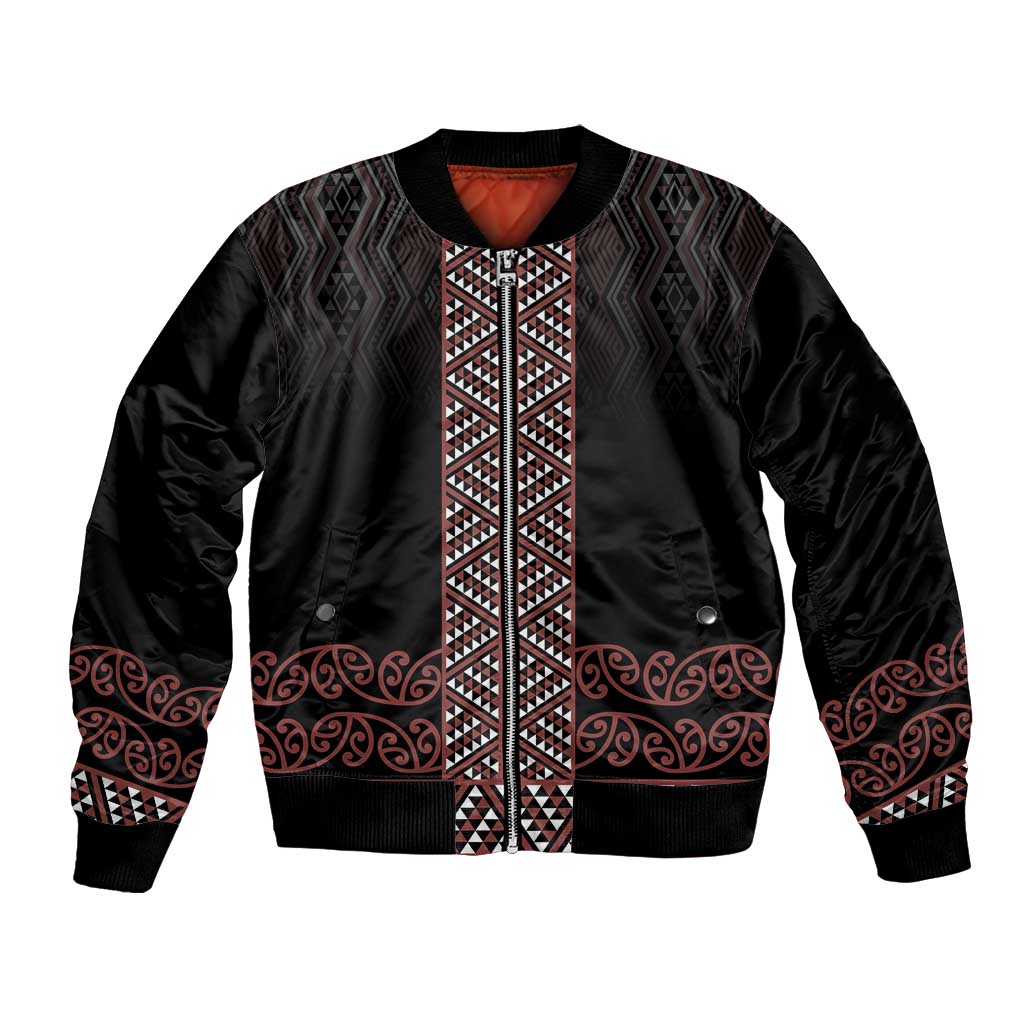 Maori Taniko Patterns Bomber Jacket Brown Niho Taniwha Mix Paatiki Motifs