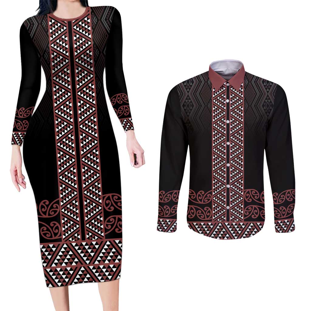 Maori Taniko Patterns Couples Matching Long Sleeve Bodycon Dress and Long Sleeve Button Shirt Brown Niho Taniwha Mix Paatiki Motifs LT7 Brown - Polynesian Pride