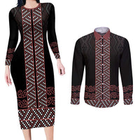 Maori Taniko Patterns Couples Matching Long Sleeve Bodycon Dress and Long Sleeve Button Shirt Brown Niho Taniwha Mix Paatiki Motifs LT7 Brown - Polynesian Pride