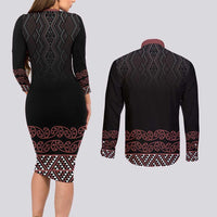 Maori Taniko Patterns Couples Matching Long Sleeve Bodycon Dress and Long Sleeve Button Shirt Brown Niho Taniwha Mix Paatiki Motifs LT7 - Polynesian Pride