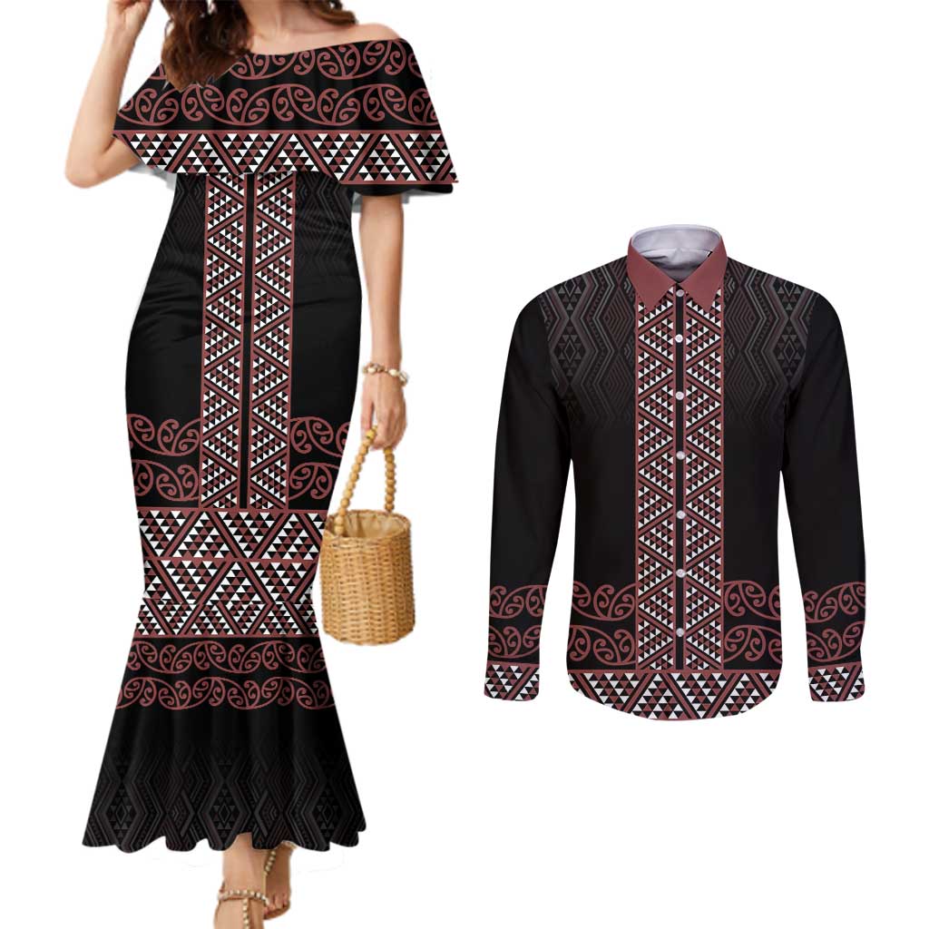 Maori Taniko Patterns Couples Matching Mermaid Dress and Long Sleeve Button Shirt Brown Niho Taniwha Mix Paatiki Motifs LT7 Brown - Polynesian Pride