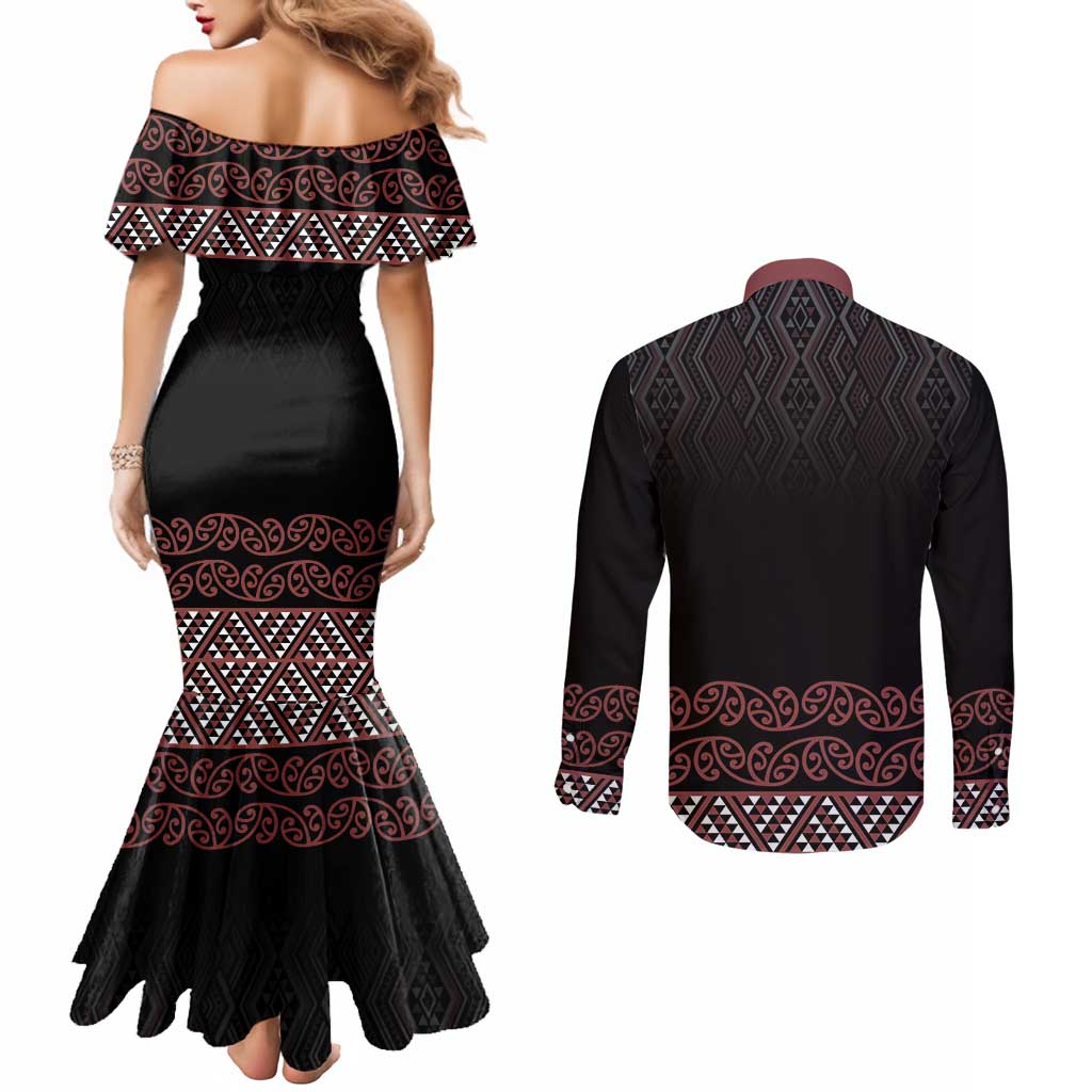 Maori Taniko Patterns Couples Matching Mermaid Dress and Long Sleeve Button Shirt Brown Niho Taniwha Mix Paatiki Motifs LT7 - Polynesian Pride