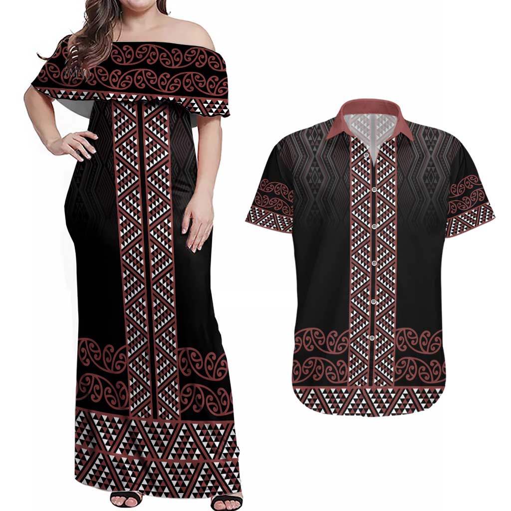 Maori Taniko Patterns Couples Matching Off Shoulder Maxi Dress and Hawaiian Shirt Brown Niho Taniwha Mix Paatiki Motifs LT7 Brown - Polynesian Pride