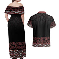 Maori Taniko Patterns Couples Matching Off Shoulder Maxi Dress and Hawaiian Shirt Brown Niho Taniwha Mix Paatiki Motifs LT7 - Polynesian Pride