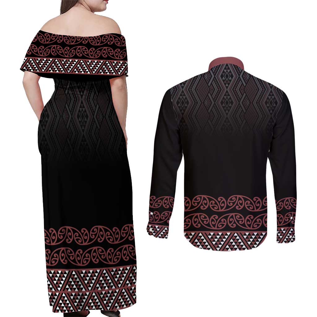 Maori Taniko Patterns Couples Matching Off Shoulder Maxi Dress and Long Sleeve Button Shirt Brown Niho Taniwha Mix Paatiki Motifs