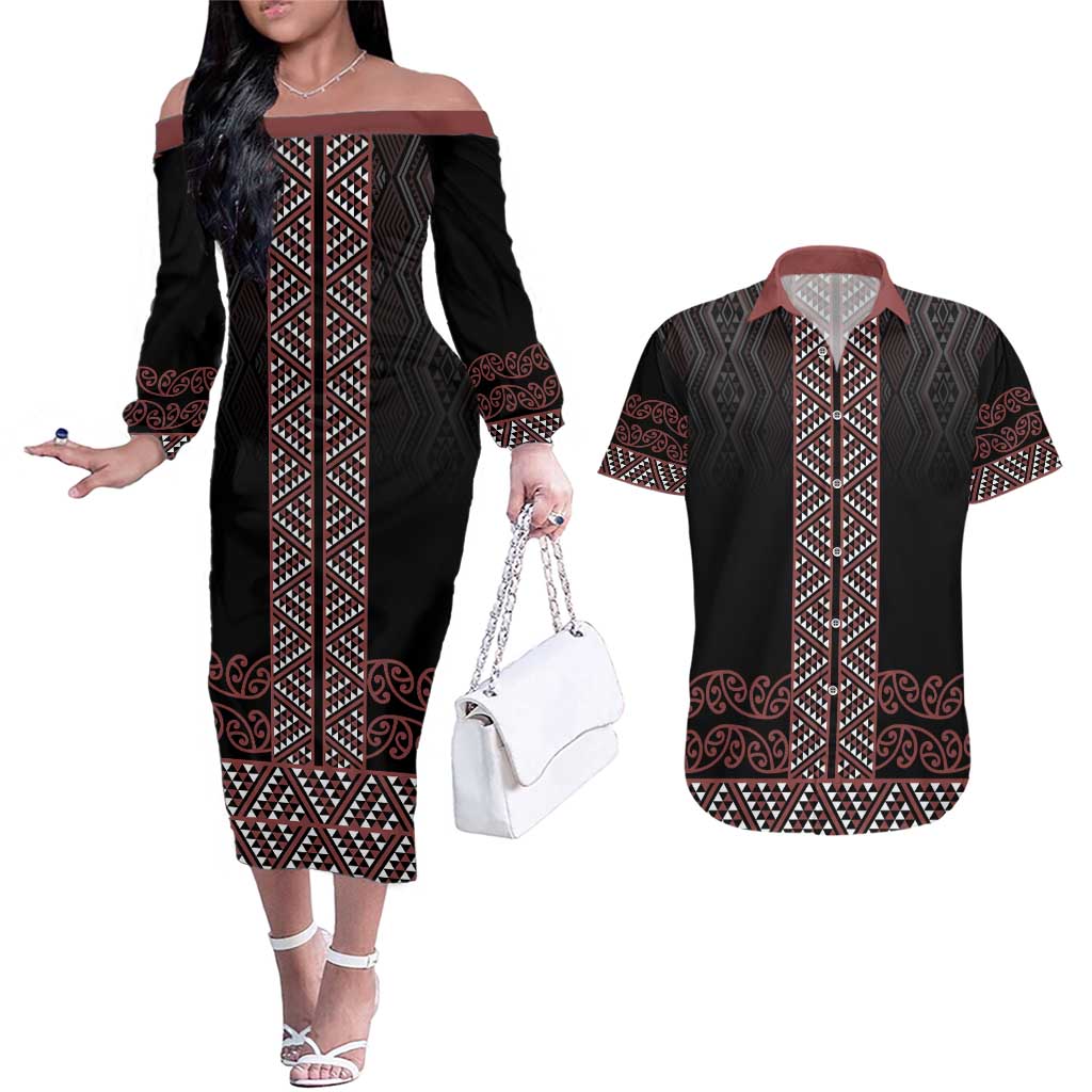 Maori Taniko Patterns Couples Matching Off The Shoulder Long Sleeve Dress and Hawaiian Shirt Brown Niho Taniwha Mix Paatiki Motifs