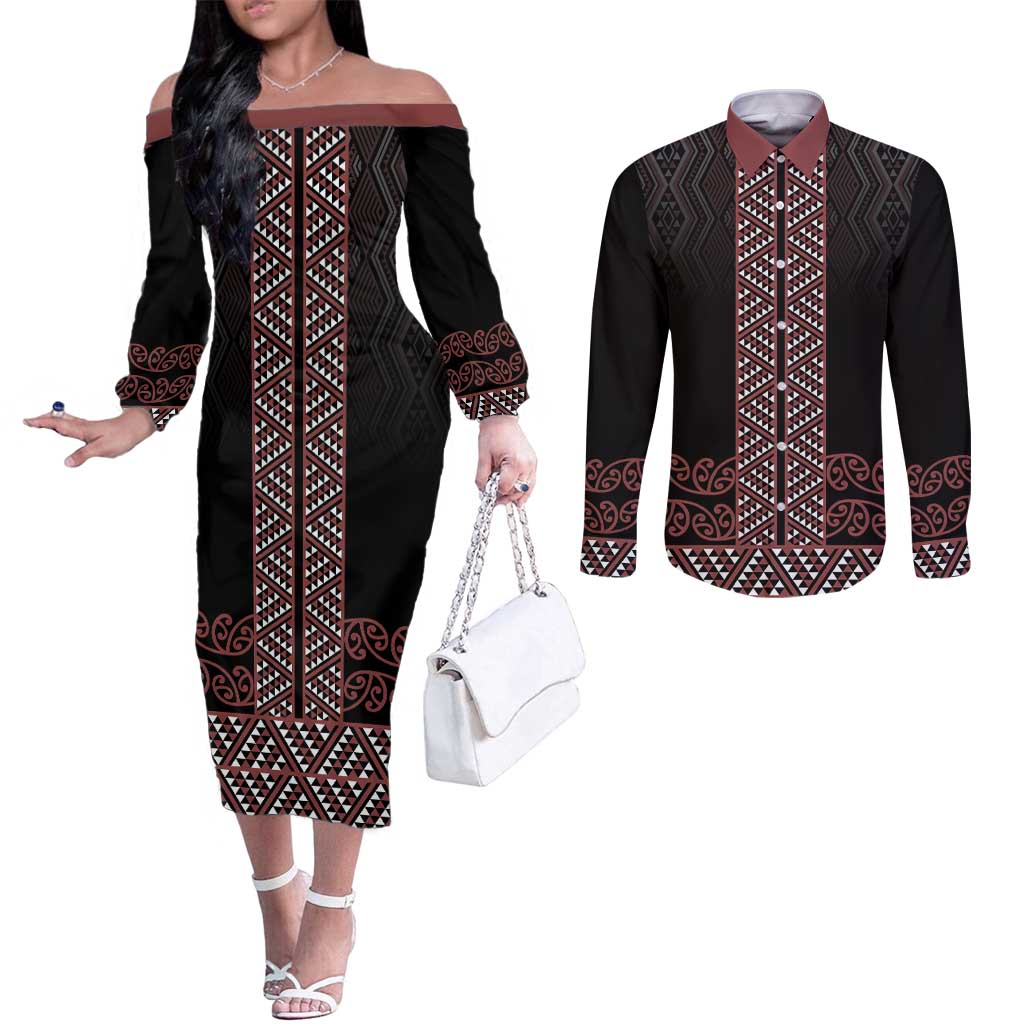 Maori Taniko Patterns Couples Matching Off The Shoulder Long Sleeve Dress and Long Sleeve Button Shirt Brown Niho Taniwha Mix Paatiki Motifs LT7 Brown - Polynesian Pride