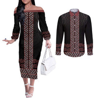 Maori Taniko Patterns Couples Matching Off The Shoulder Long Sleeve Dress and Long Sleeve Button Shirt Brown Niho Taniwha Mix Paatiki Motifs LT7 Brown - Polynesian Pride