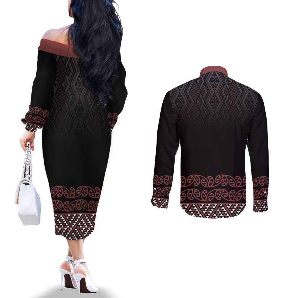 Maori Taniko Patterns Couples Matching Off The Shoulder Long Sleeve Dress and Long Sleeve Button Shirt Brown Niho Taniwha Mix Paatiki Motifs LT7 - Polynesian Pride