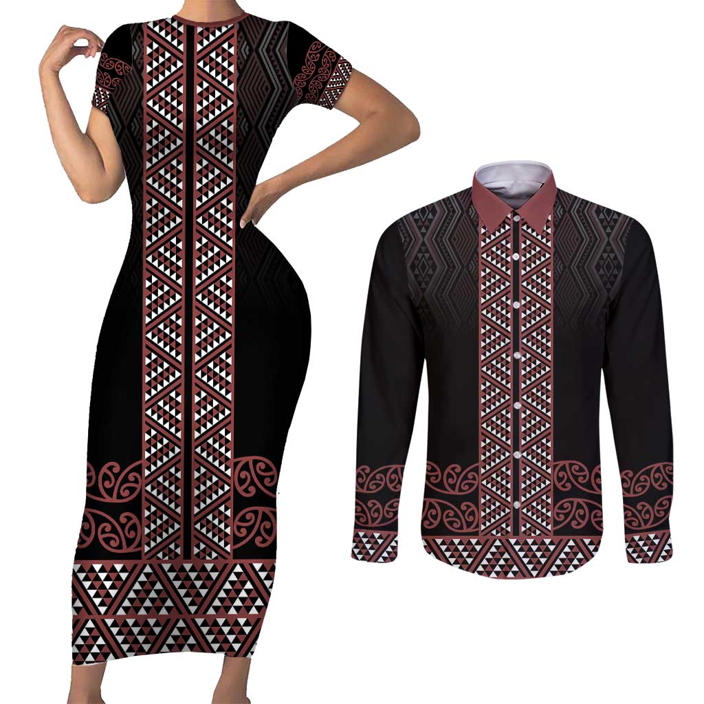 Maori Taniko Patterns Couples Matching Short Sleeve Bodycon Dress and Long Sleeve Button Shirt Brown Niho Taniwha Mix Paatiki Motifs LT7 Brown - Polynesian Pride