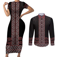 Maori Taniko Patterns Couples Matching Short Sleeve Bodycon Dress and Long Sleeve Button Shirt Brown Niho Taniwha Mix Paatiki Motifs LT7 Brown - Polynesian Pride
