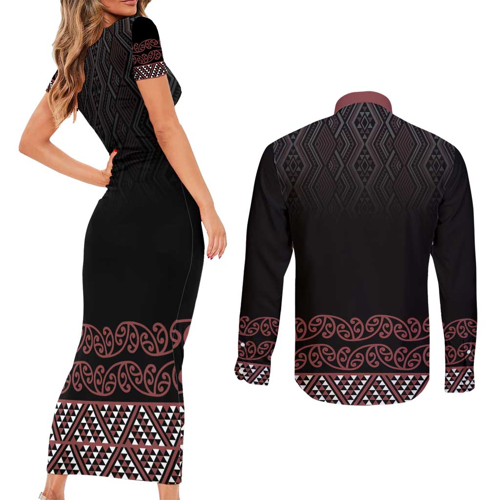 Maori Taniko Patterns Couples Matching Short Sleeve Bodycon Dress and Long Sleeve Button Shirt Brown Niho Taniwha Mix Paatiki Motifs LT7 - Polynesian Pride