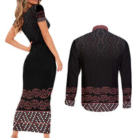 Maori Taniko Patterns Couples Matching Short Sleeve Bodycon Dress and Long Sleeve Button Shirt Brown Niho Taniwha Mix Paatiki Motifs LT7 - Polynesian Pride