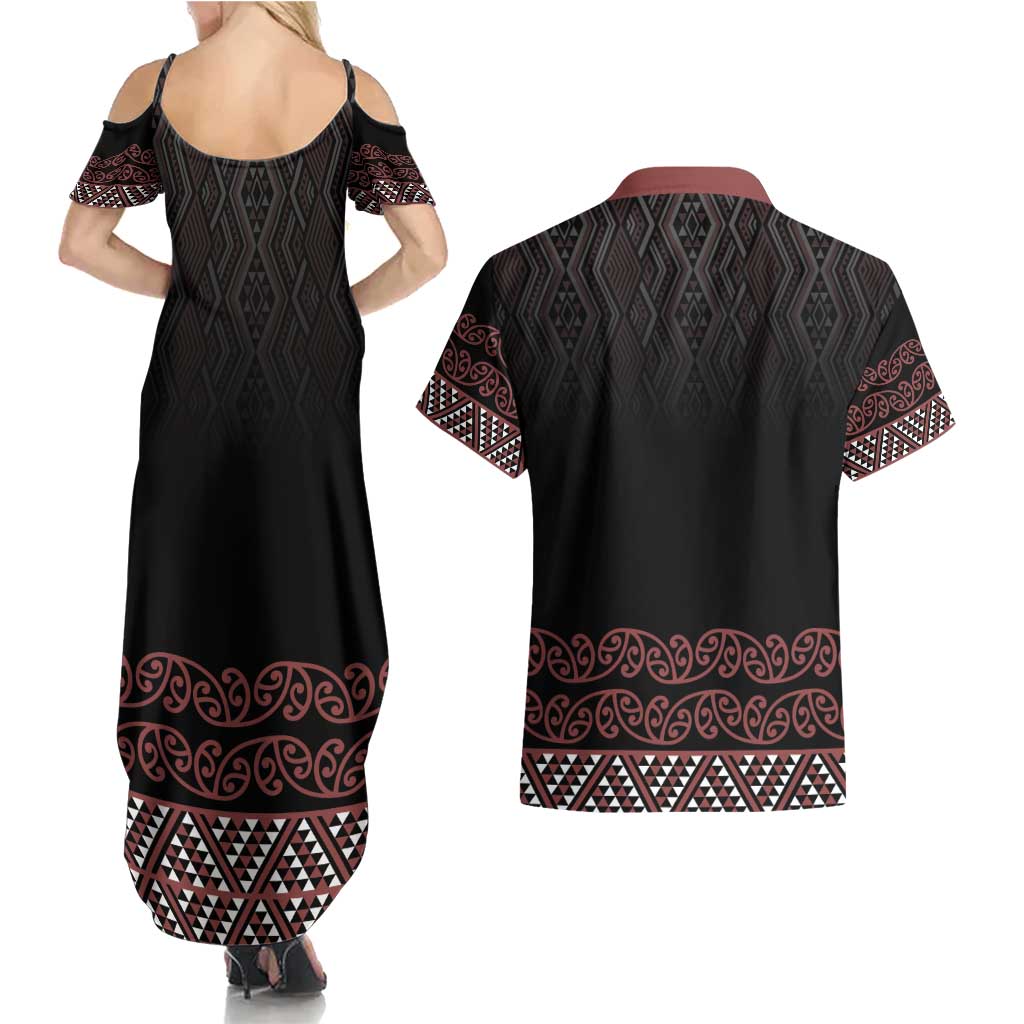 Maori Taniko Patterns Couples Matching Summer Maxi Dress and Hawaiian Shirt Brown Niho Taniwha Mix Paatiki Motifs LT7 - Polynesian Pride