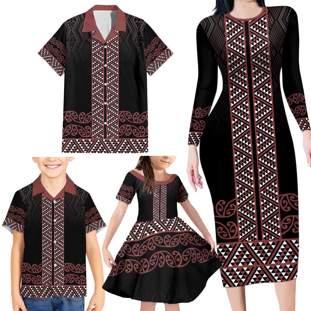 Maori Taniko Patterns Family Matching Long Sleeve Bodycon Dress and Hawaiian Shirt Brown Niho Taniwha Mix Paatiki Motifs