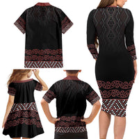 Maori Taniko Patterns Family Matching Long Sleeve Bodycon Dress and Hawaiian Shirt Brown Niho Taniwha Mix Paatiki Motifs