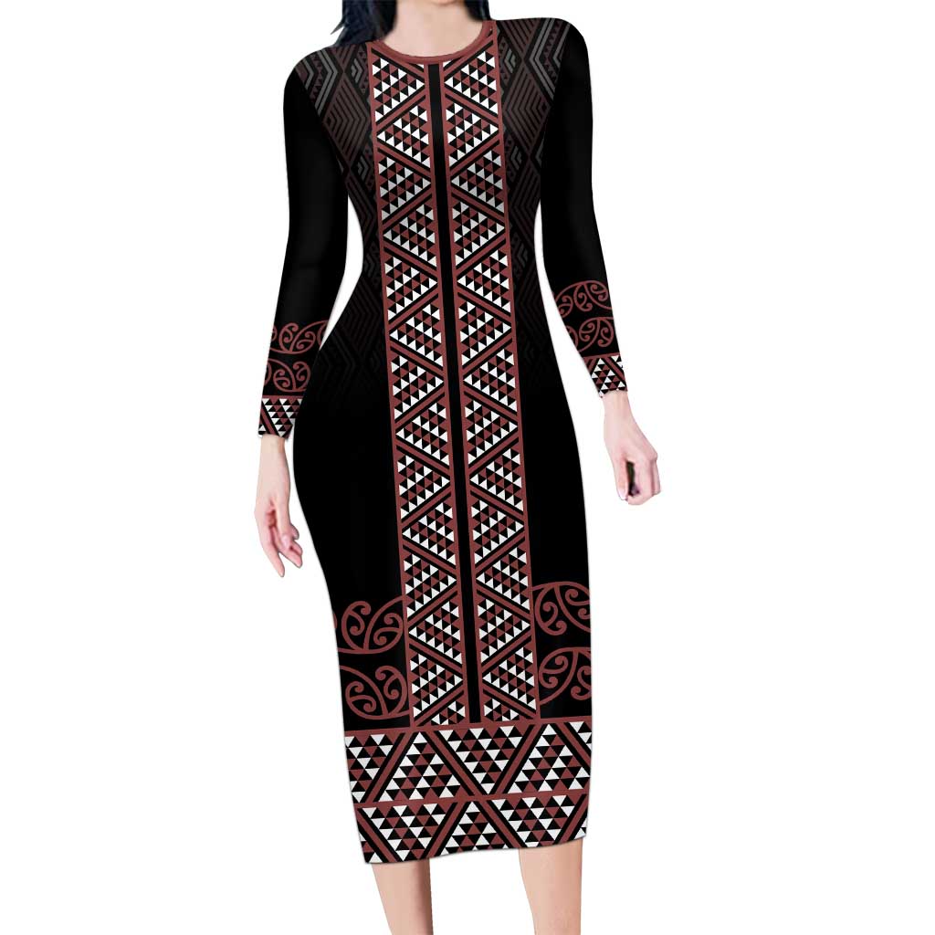Maori Taniko Patterns Family Matching Long Sleeve Bodycon Dress and Hawaiian Shirt Brown Niho Taniwha Mix Paatiki Motifs