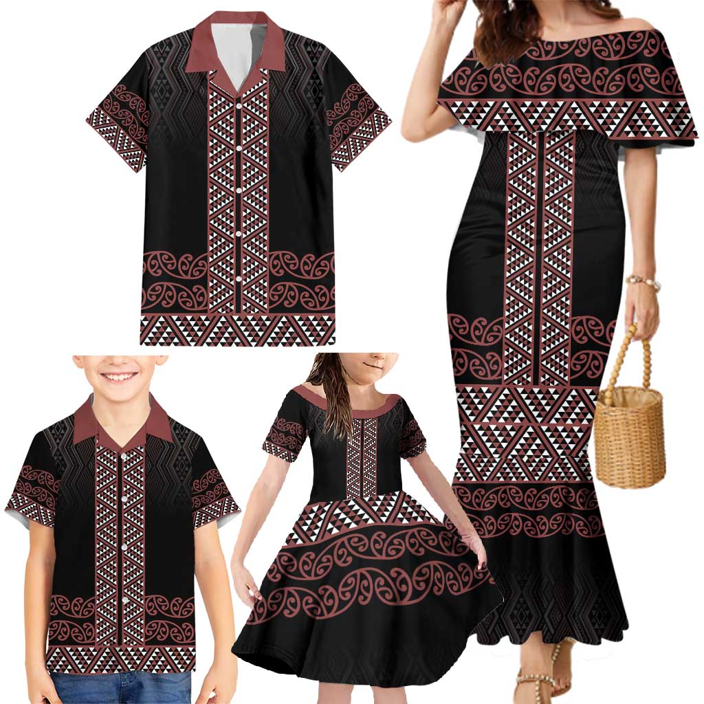 Maori Taniko Patterns Family Matching Mermaid Dress and Hawaiian Shirt Brown Niho Taniwha Mix Paatiki Motifs