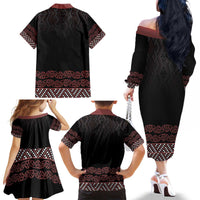 Maori Taniko Patterns Family Matching Off The Shoulder Long Sleeve Dress and Hawaiian Shirt Brown Niho Taniwha Mix Paatiki Motifs