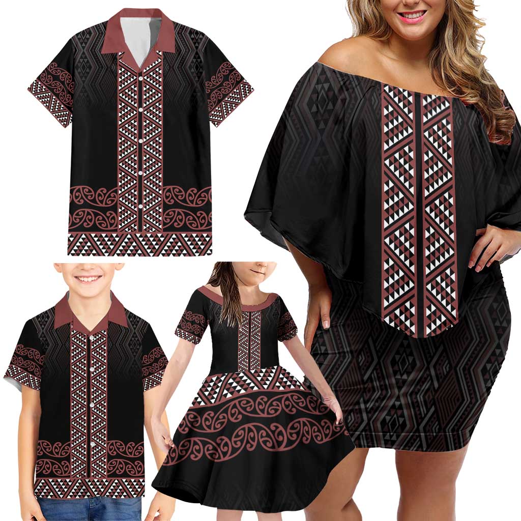 Maori Taniko Patterns Family Matching Off Shoulder Short Dress and Hawaiian Shirt Brown Niho Taniwha Mix Paatiki Motifs