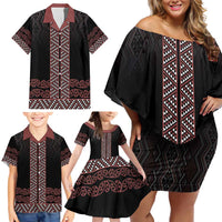 Maori Taniko Patterns Family Matching Off Shoulder Short Dress and Hawaiian Shirt Brown Niho Taniwha Mix Paatiki Motifs