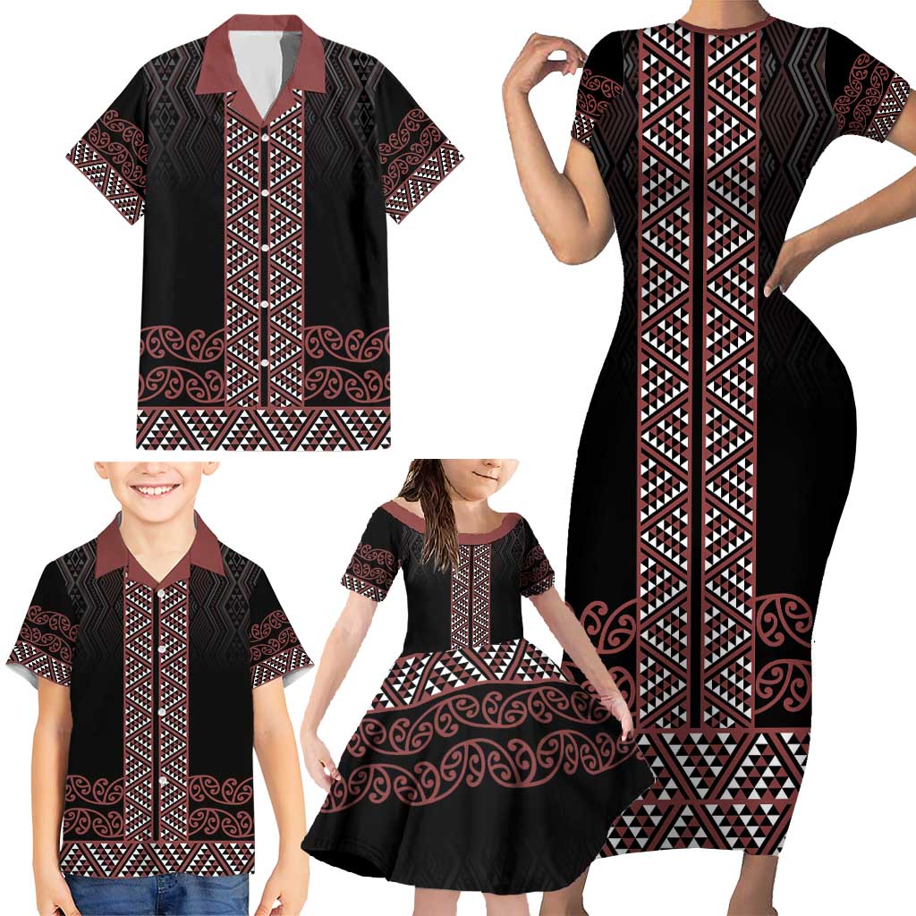 Maori Taniko Patterns Family Matching Short Sleeve Bodycon Dress and Hawaiian Shirt Brown Niho Taniwha Mix Paatiki Motifs