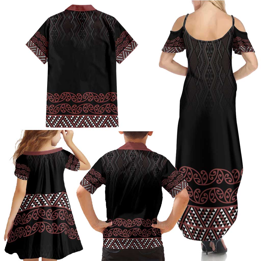 Maori Taniko Patterns Family Matching Summer Maxi Dress and Hawaiian Shirt Brown Niho Taniwha Mix Paatiki Motifs
