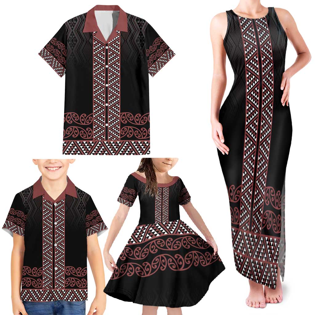 Maori Taniko Patterns Family Matching Tank Maxi Dress and Hawaiian Shirt Brown Niho Taniwha Mix Paatiki Motifs