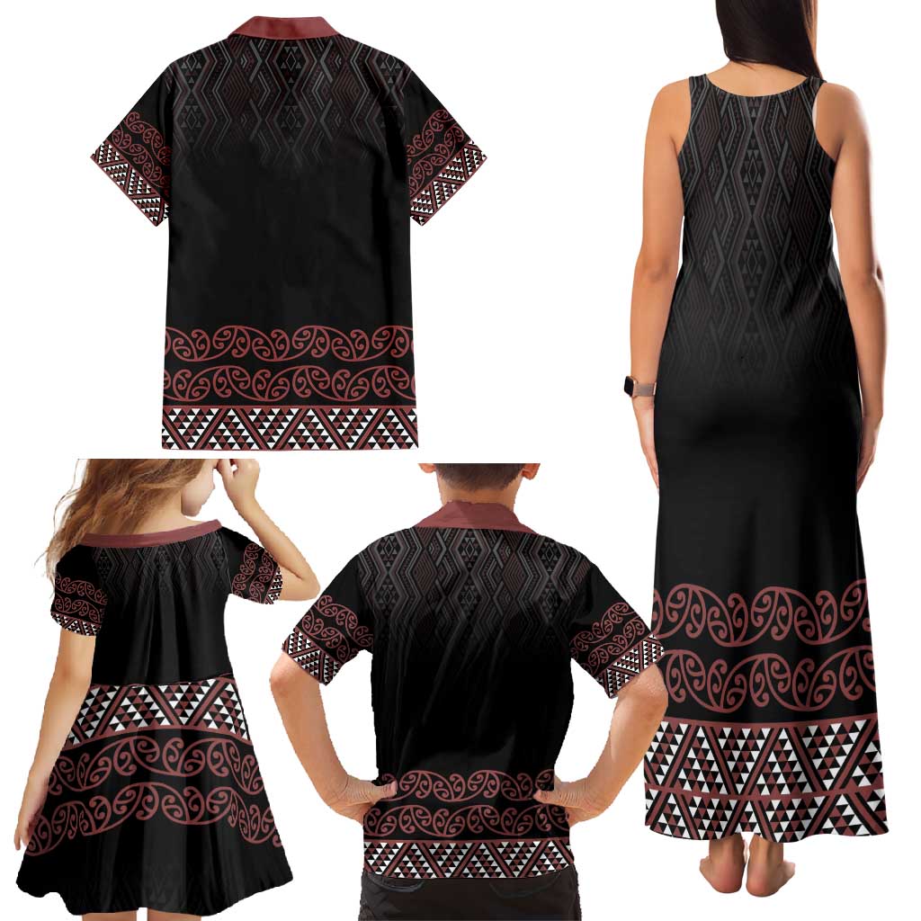 Maori Taniko Patterns Family Matching Tank Maxi Dress and Hawaiian Shirt Brown Niho Taniwha Mix Paatiki Motifs