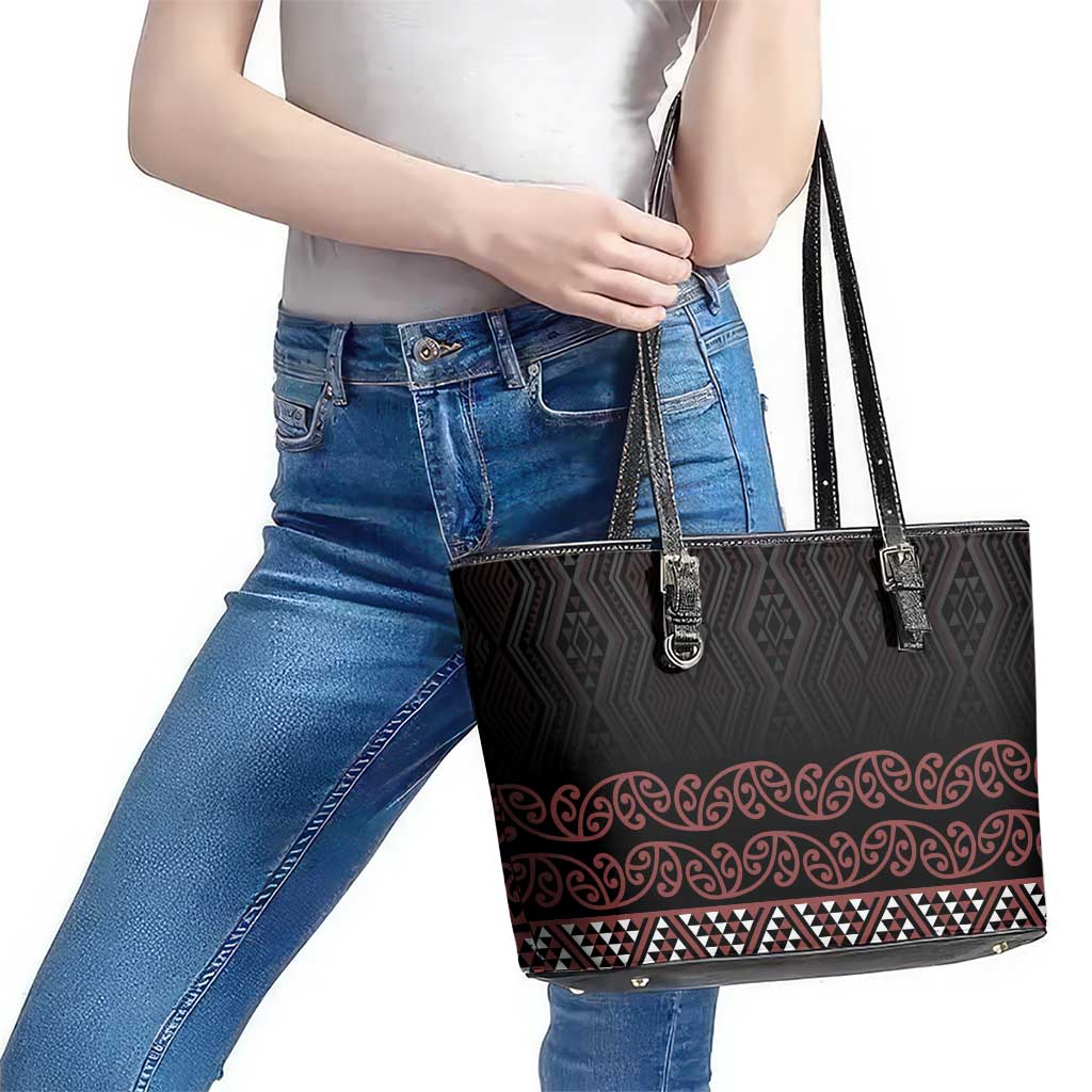 Maori Taniko Patterns Leather Tote Bag Brown Niho Taniwha Mix Paatiki Motifs