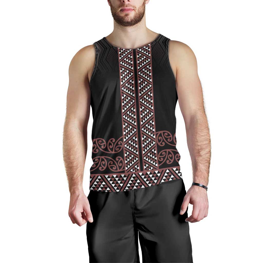 Maori Taniko Patterns Men Tank Top Brown Niho Taniwha Mix Paatiki Motifs