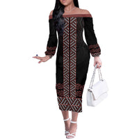 Maori Taniko Patterns Off The Shoulder Long Sleeve Dress Brown Niho Taniwha Mix Paatiki Motifs