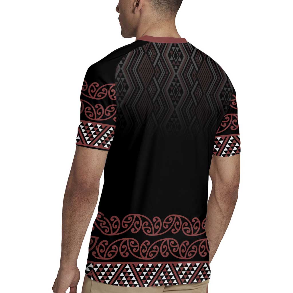 Maori Taniko Patterns Rugby Jersey Brown Niho Taniwha Mix Paatiki Motifs