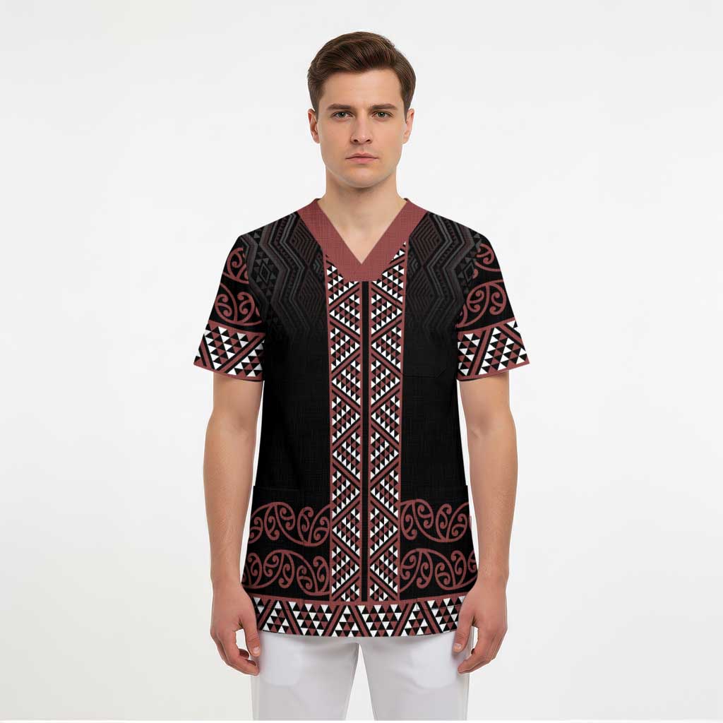 Maori Taniko Patterns Scrub Top Brown Niho Taniwha Mix Paatiki Motifs - Polynesian Pride