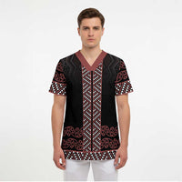 Maori Taniko Patterns Scrub Top Brown Niho Taniwha Mix Paatiki Motifs - Polynesian Pride