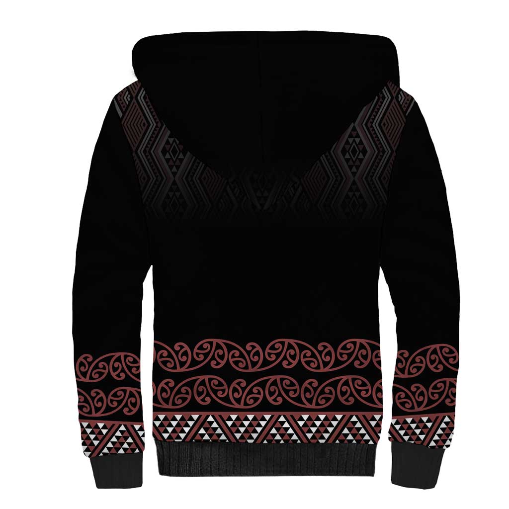 Maori Taniko Patterns Sherpa Hoodie Brown Niho Taniwha Mix Paatiki Motifs