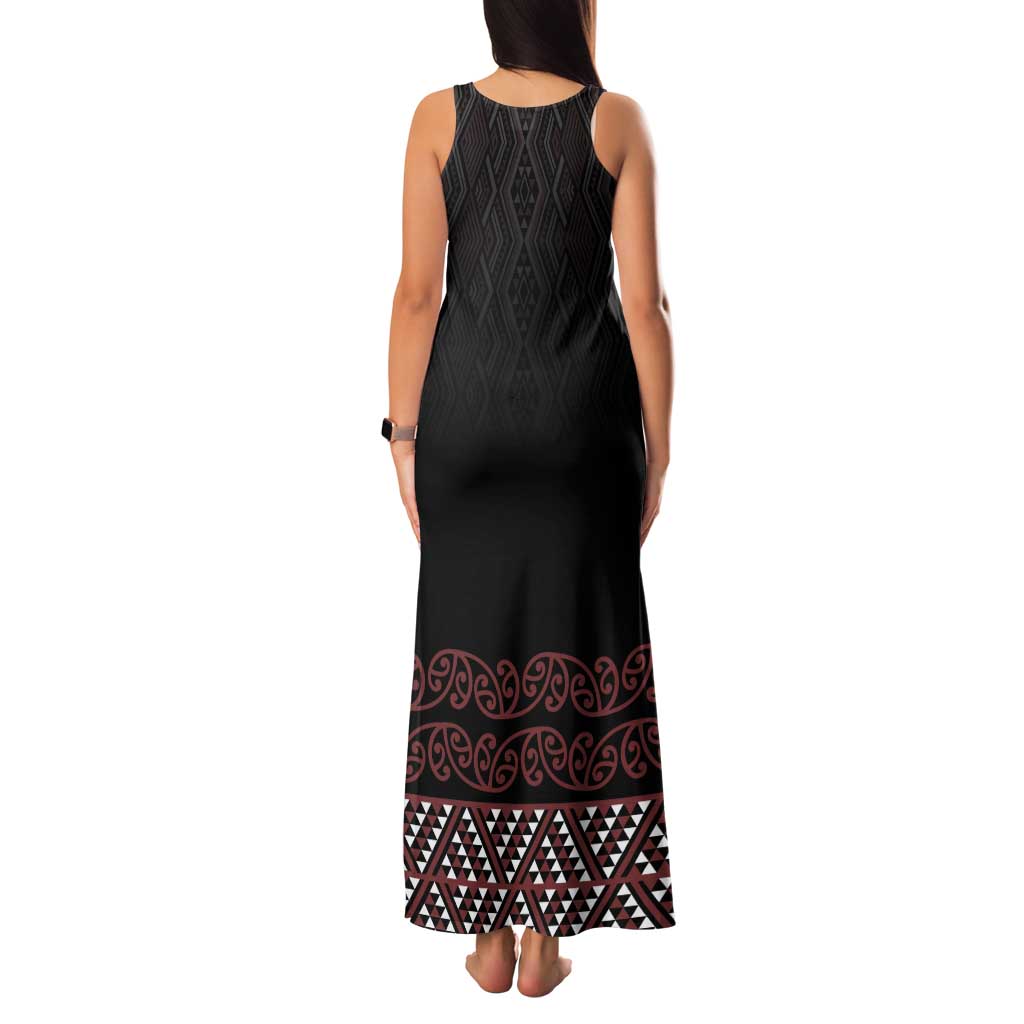 Maori Taniko Patterns Tank Maxi Dress Brown Niho Taniwha Mix Paatiki Motifs