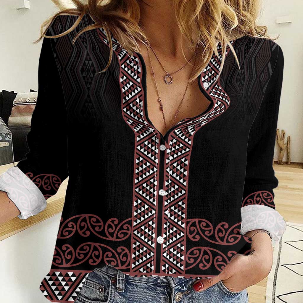 Maori Taniko Patterns Women Casual Shirt Brown Niho Taniwha Mix Paatiki Motifs LT7 Female Brown - Polynesian Pride