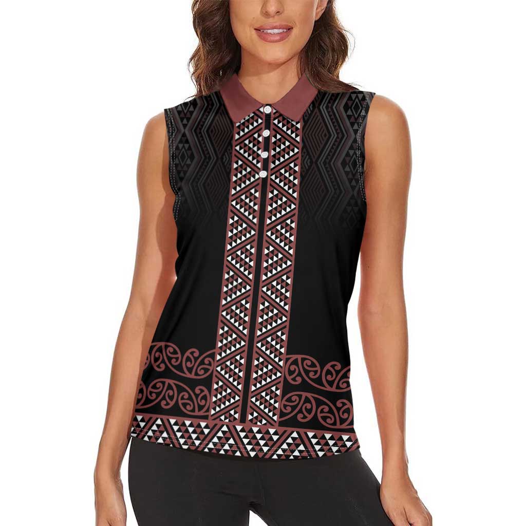 Maori Taniko Patterns Women Sleeveless Polo Shirt Brown Niho Taniwha Mix Paatiki Motifs