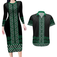 Maori Taniko Patterns Couples Matching Long Sleeve Bodycon Dress and Hawaiian Shirt Pounamu Niho Taniwha Mix Paatiki Motifs