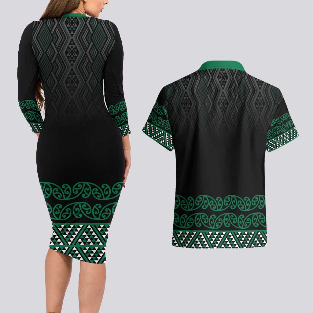 Maori Taniko Patterns Couples Matching Long Sleeve Bodycon Dress and Hawaiian Shirt Pounamu Niho Taniwha Mix Paatiki Motifs