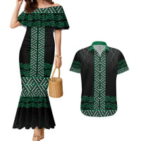 Maori Taniko Patterns Couples Matching Mermaid Dress and Hawaiian Shirt Pounamu Niho Taniwha Mix Paatiki Motifs LT7 Green - Polynesian Pride