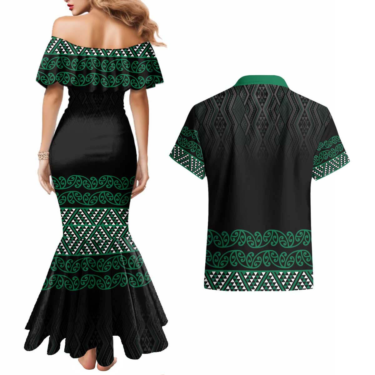 Maori Taniko Patterns Couples Matching Mermaid Dress and Hawaiian Shirt Pounamu Niho Taniwha Mix Paatiki Motifs LT7 - Polynesian Pride